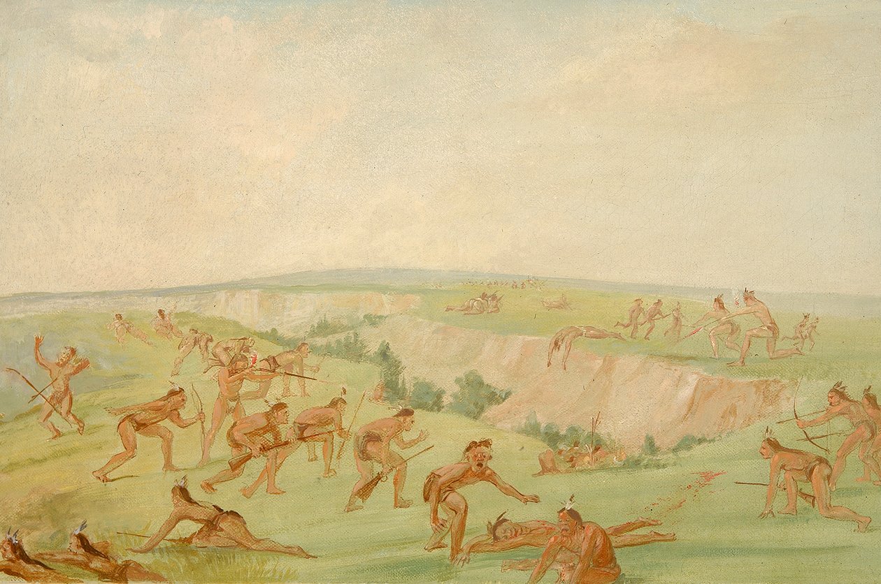 Mandan greifen eine Gruppe von Arikara an, 1832-1833 von George Catlin