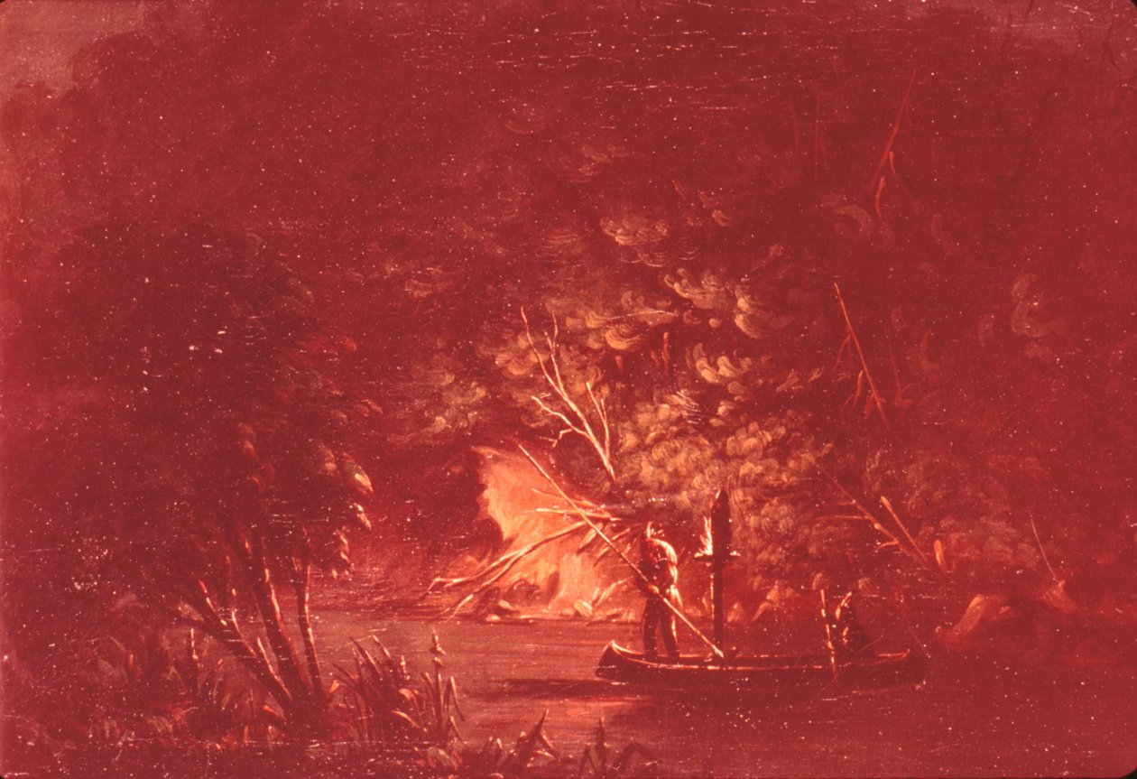 Ojibwe beim Lachsstechen bei Fackellicht, 1846-1848 von George Catlin
