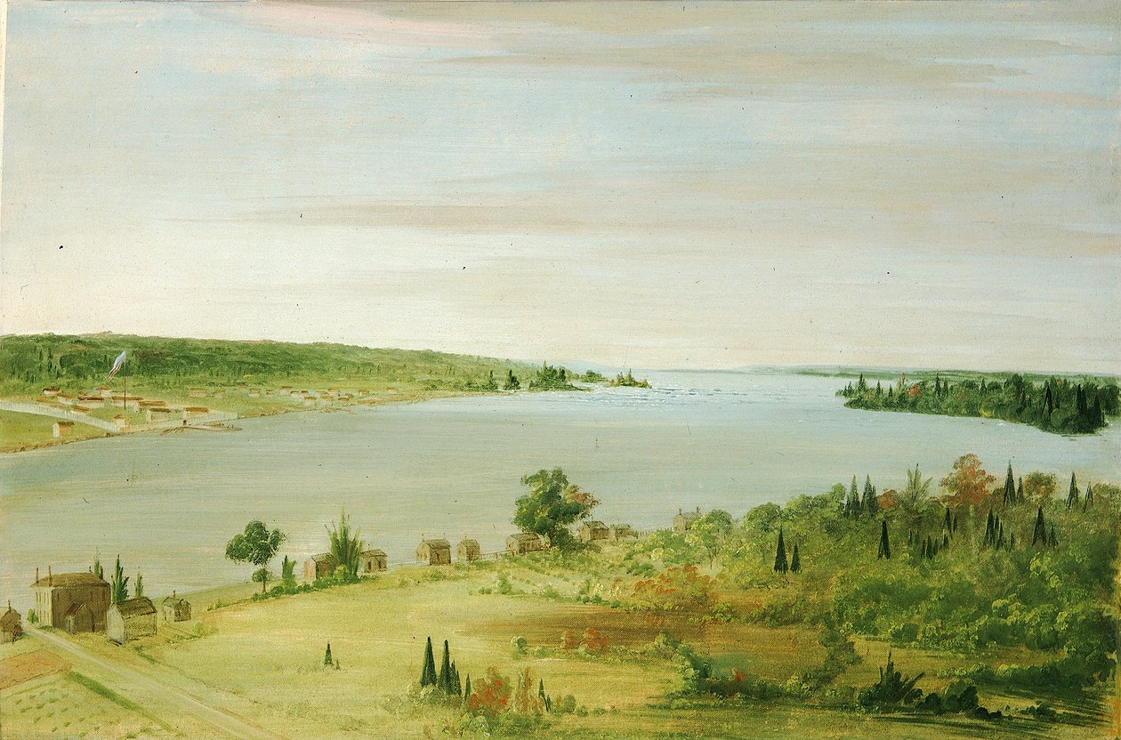 Sault Ste. Marie, mit der Garnison der Vereinigten Staaten in der Ferne, 1836-1837 von George Catlin