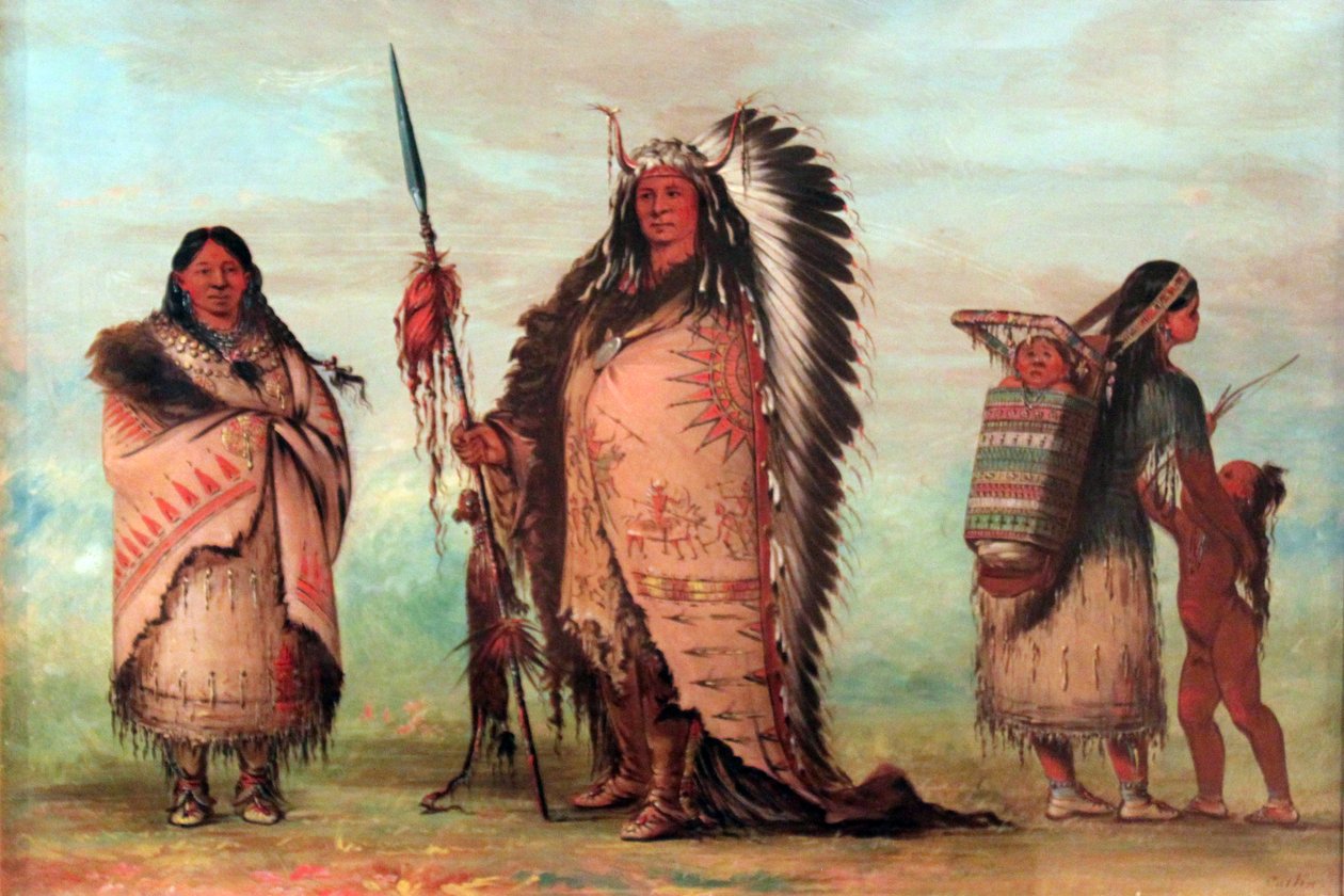 Sioux: Schwarzer Fels mit Familie. Der Häuptling präsentiert stolz seine Ehrenzeichen, darunter eine Lanze mit Skalps von George Catlin