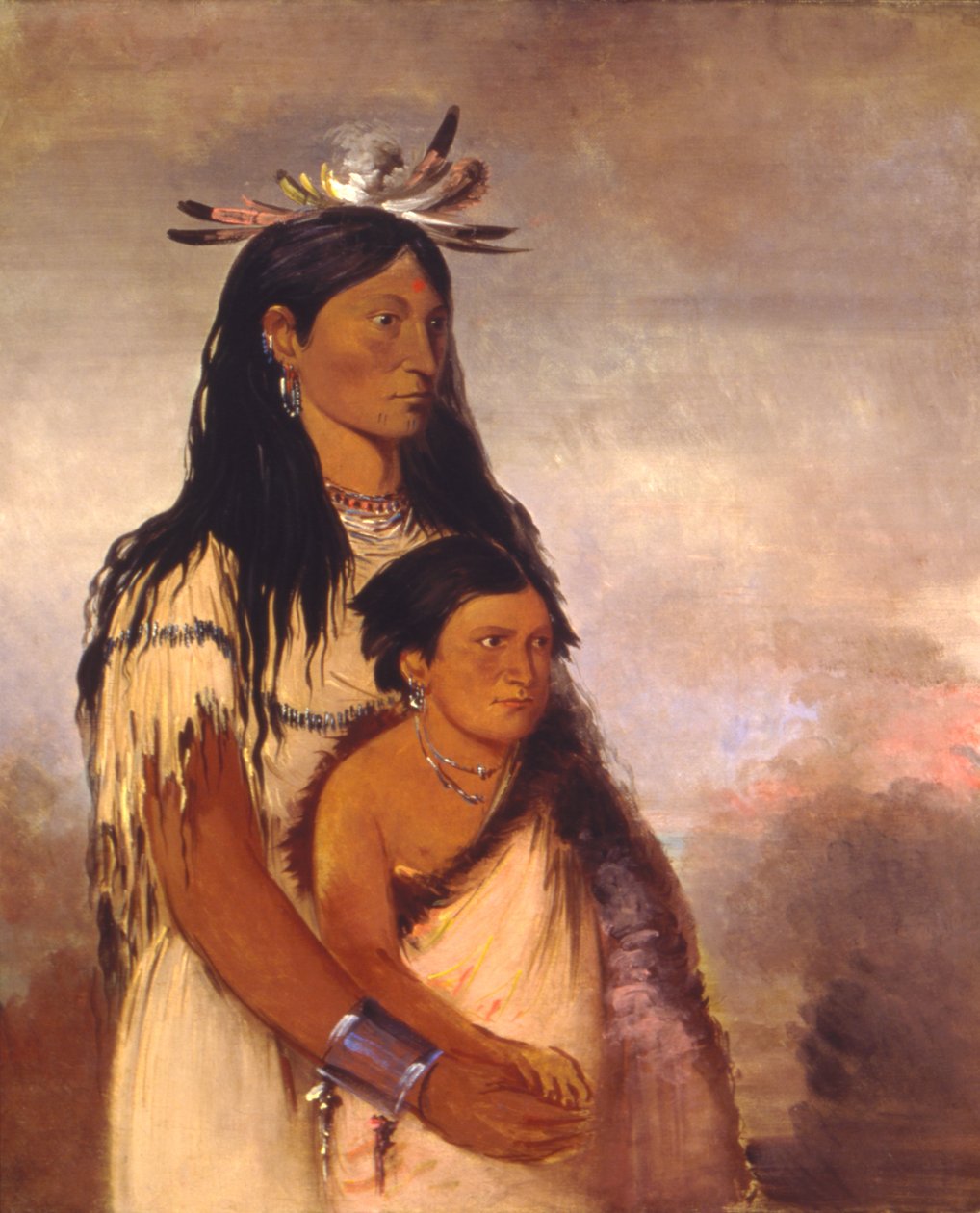 Túnk-aht-óh-ye, Donnerer, ein Junge, und Wun-pán-to-mee, Weißes Wiesel, ein Mädchen, 1834 von George Catlin