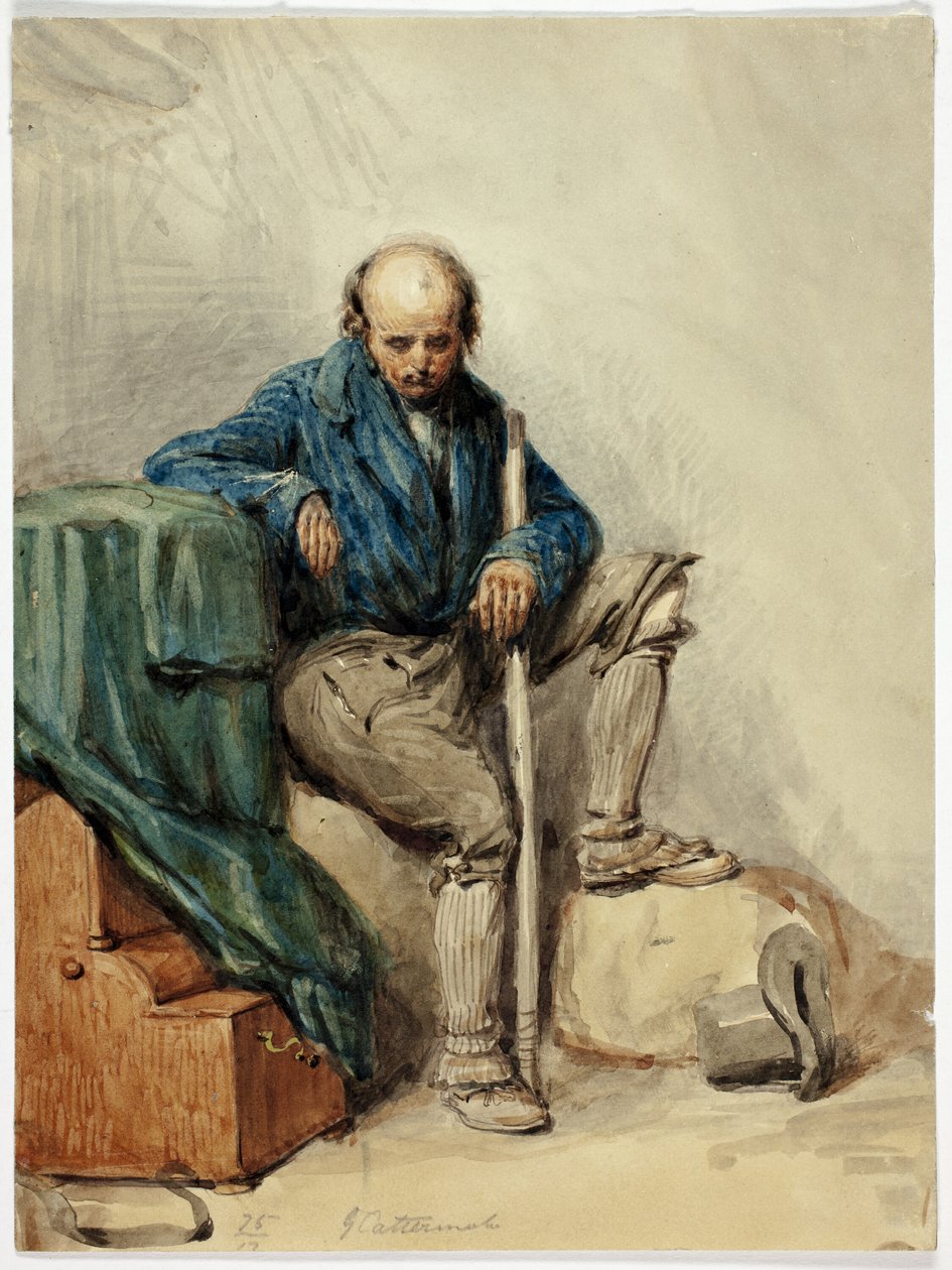 Kahlköpfiger Mann auf Habseligkeiten sitzend (recto); Dame in einem gelben Kleid (verso) von George Cattermole
