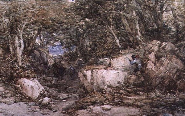 Waldtal mit Reisenden, die sich einem Hinterhalt nähern von George Cattermole