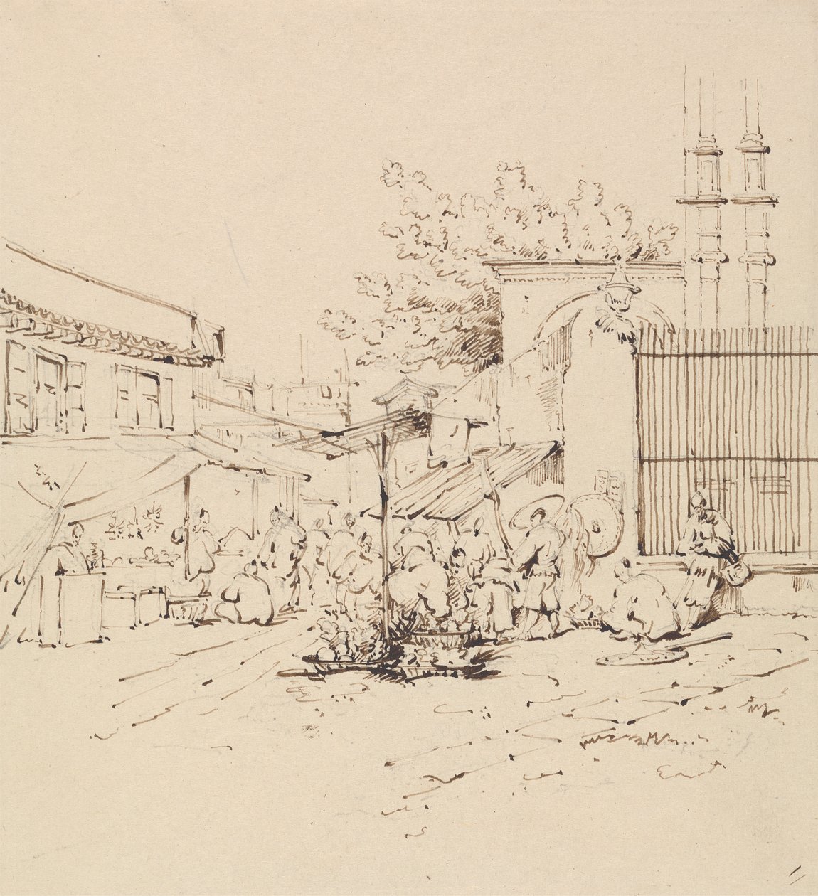 Straßenszene mit Händlern, die Waren verkaufen von George Chinnery