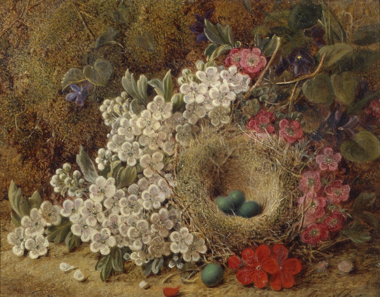 Ein Vogelnest und Blüten auf einem moosigen Ufer von George Clare