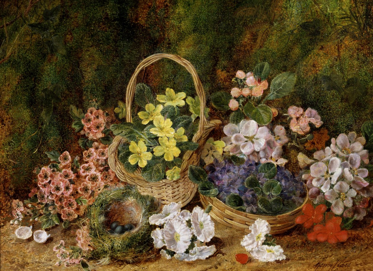 Frühlingsblumen und Vogelnest auf einem Moosbett. von George Clare