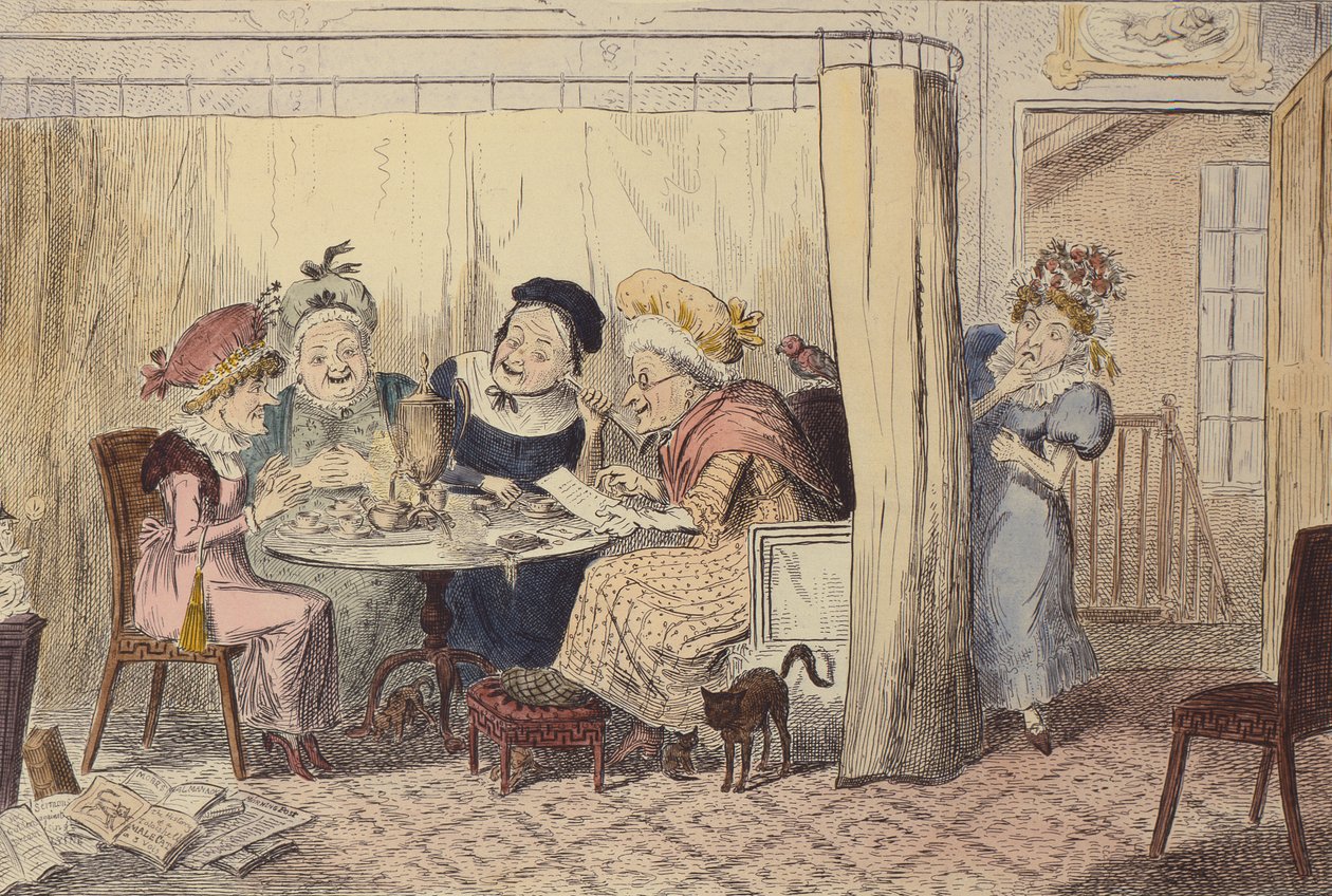 "Eine neugierige Gruppe verleumderischer Elfen oder Zuhörer hören selten Gutes über sich selbst", 1835 von George Cruikshank