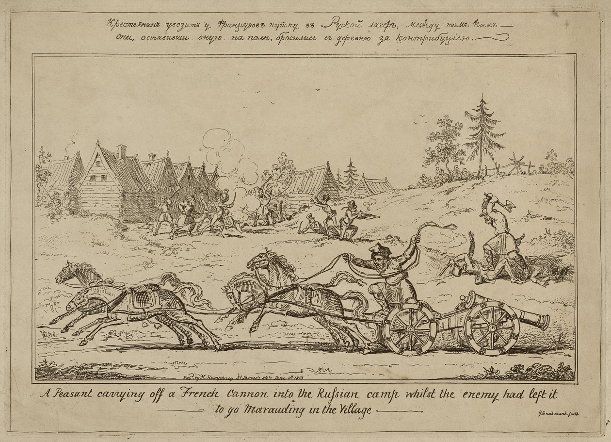 Ein Bauer trägt eine französische Kanone ins russische Lager, während der Feind plündernd im Dorf war, veröffentlicht am 8. Juni 1813 von George Cruikshank