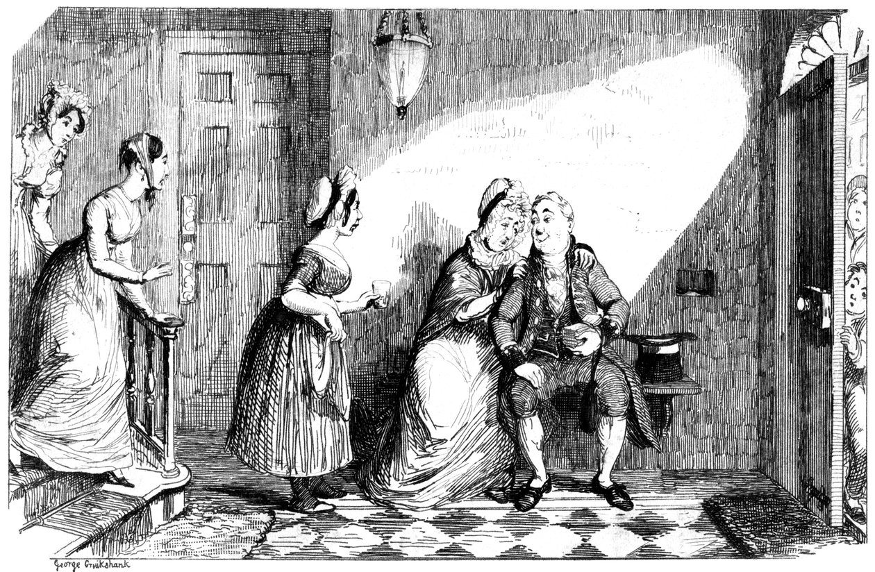 Eine Anzahl von Frauen kümmert sich um einen kranken Mann, 19. Jahrhundert von George Cruikshank