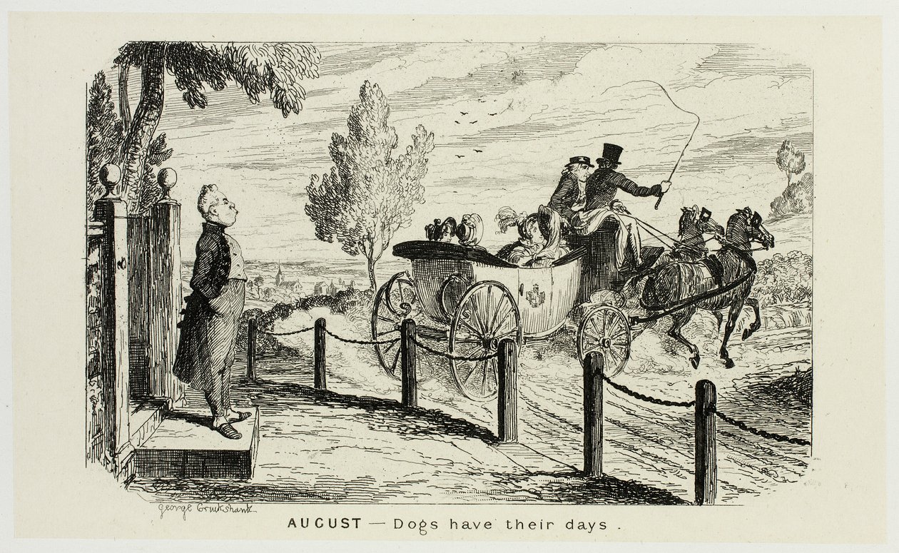 August - Hunde haben ihre Tage aus George Cruikshanks Stahlradierungen zu The Comic Almanacks: 1835-1853 von George Cruikshank