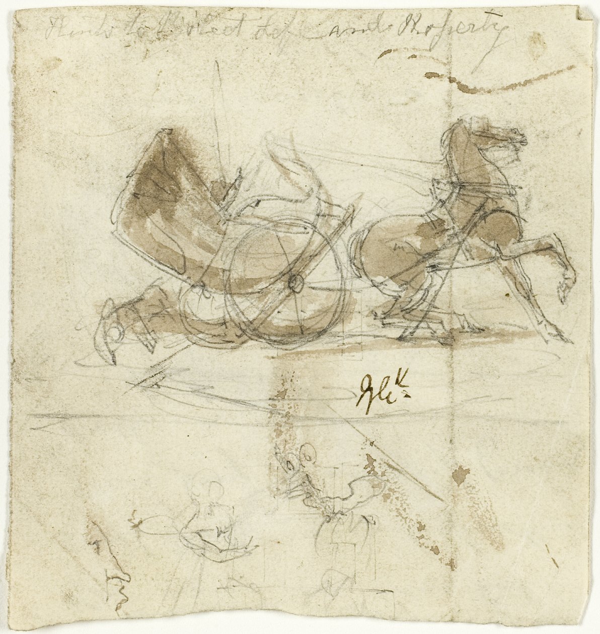 Karikatur von Selbst (recto); Kutsche von einem Pferd geworfen, mit anderen Skizzen (verso) von George Cruikshank