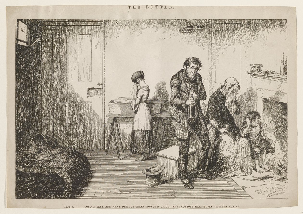 Kälte, Elend und Not zerstören ihr jüngstes Kind: Sie trösten sich mit der Flasche. von George Cruikshank