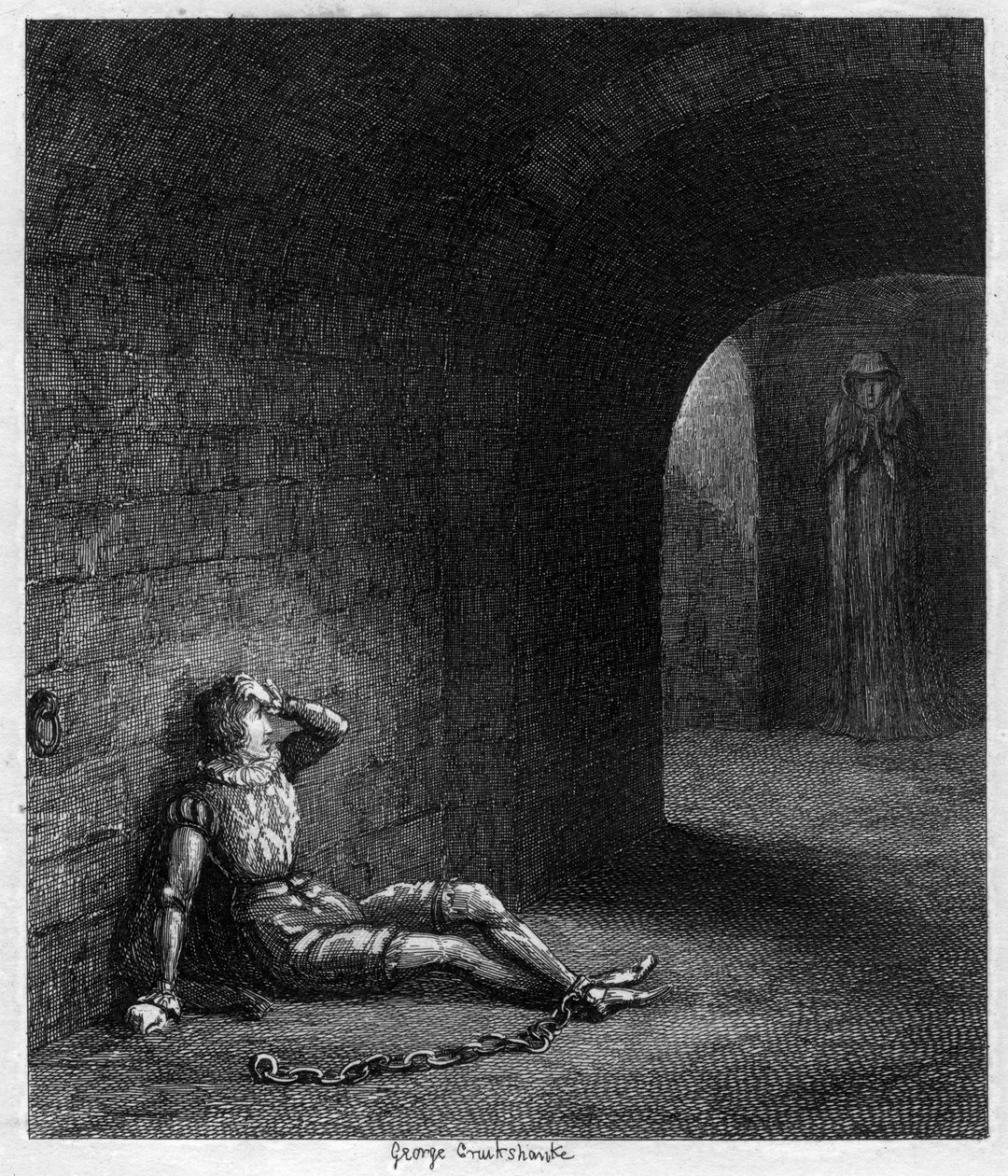 Cuthbert Cholmondeley überrascht durch das Erscheinen einer mysteriösen Figur, 1840 von George Cruikshank
