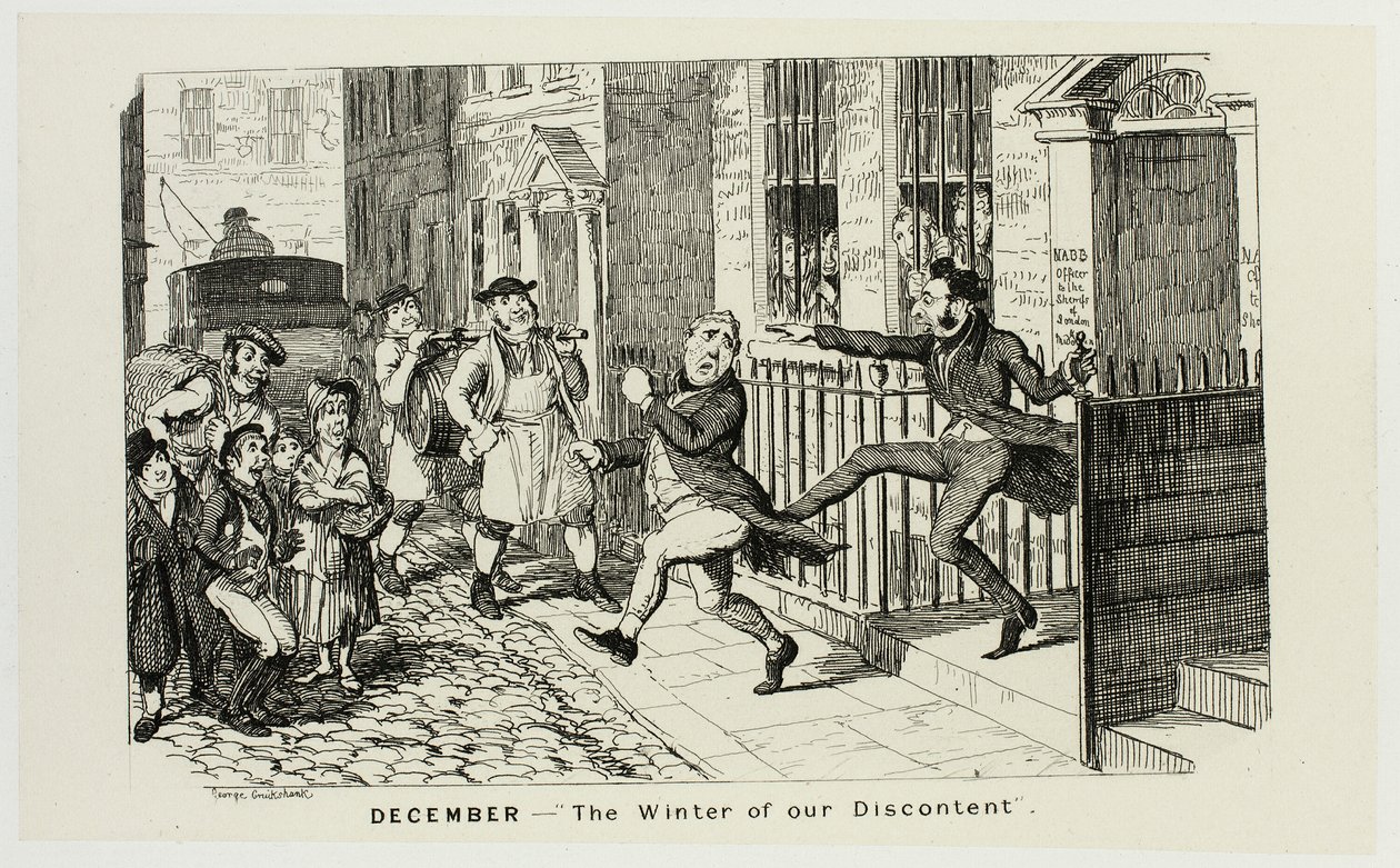Dezember - "Der Winter unserer Unzufriedenheit" aus George Cruikshanks Stahlradierungen zu The Comic Almanacks: 1835-1853 von George Cruikshank