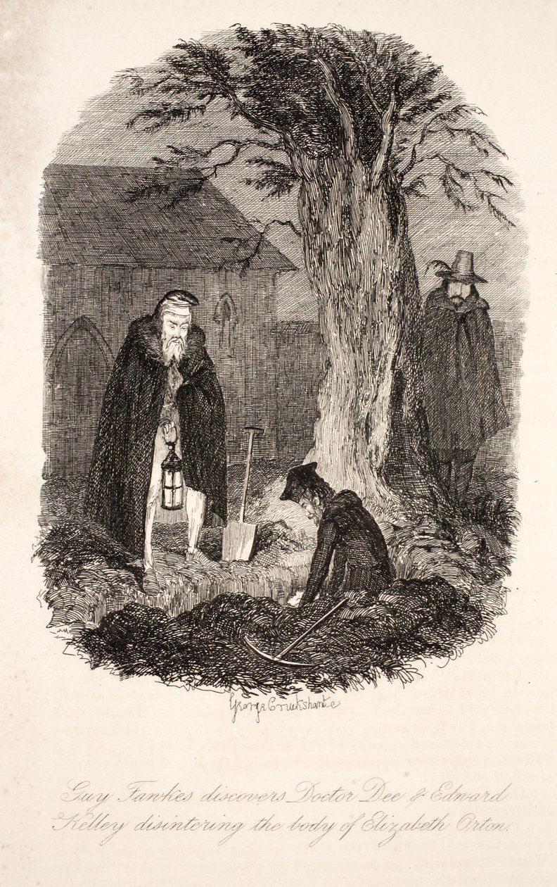 Guy Fawkes entdeckt Doctor Dee & Edward Kelley beim Ausgraben des Körpers von Elizabeth Orton, Illustration aus Guy Fawkes, oder der Gunpowder Treason: ein Historischer Roman, von William Harrison Ainsworth von George Cruikshank