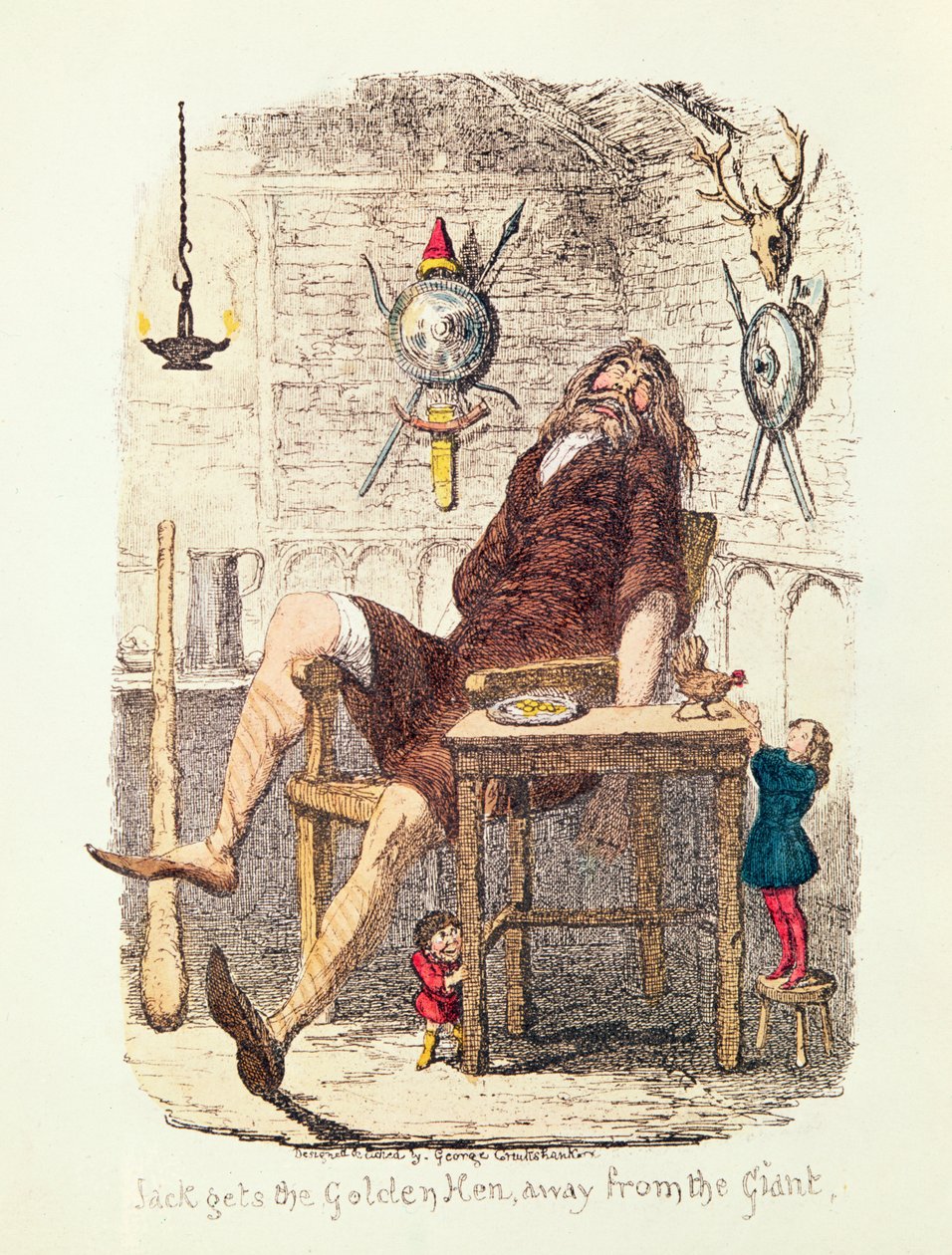 Jack holt das goldene Huhn vom Riesen (Farblitho) von George Cruikshank