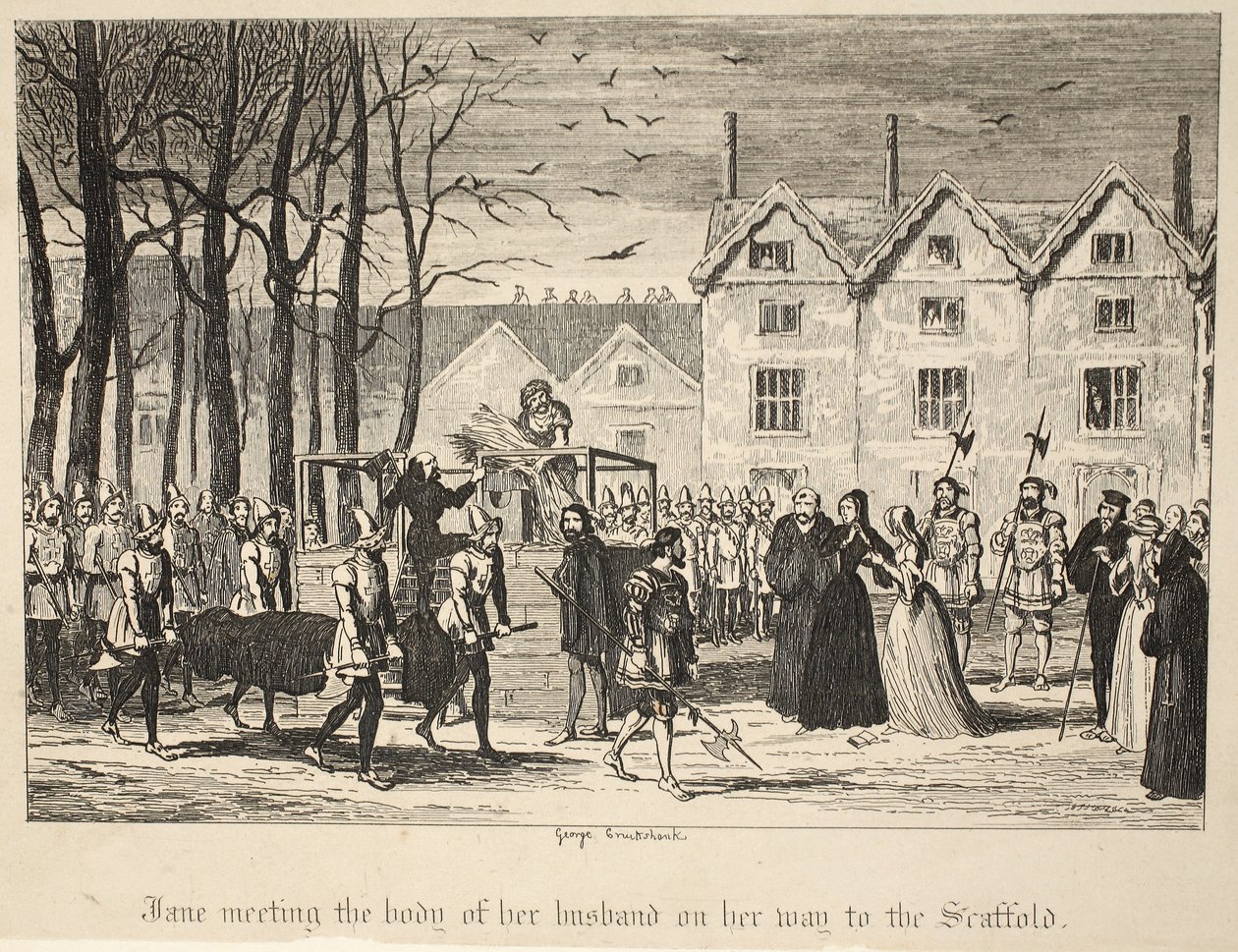 Jane trifft den Leichnam ihres Mannes auf dem Weg zum Schafott, aus Der Tower von London, veröffentlicht 1840 von George Cruikshank