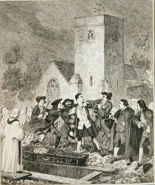 Jonathan Wild ergreift Jack bei der Beerdigung seiner Mutter auf dem Friedhof von Willesden, Illustration aus 