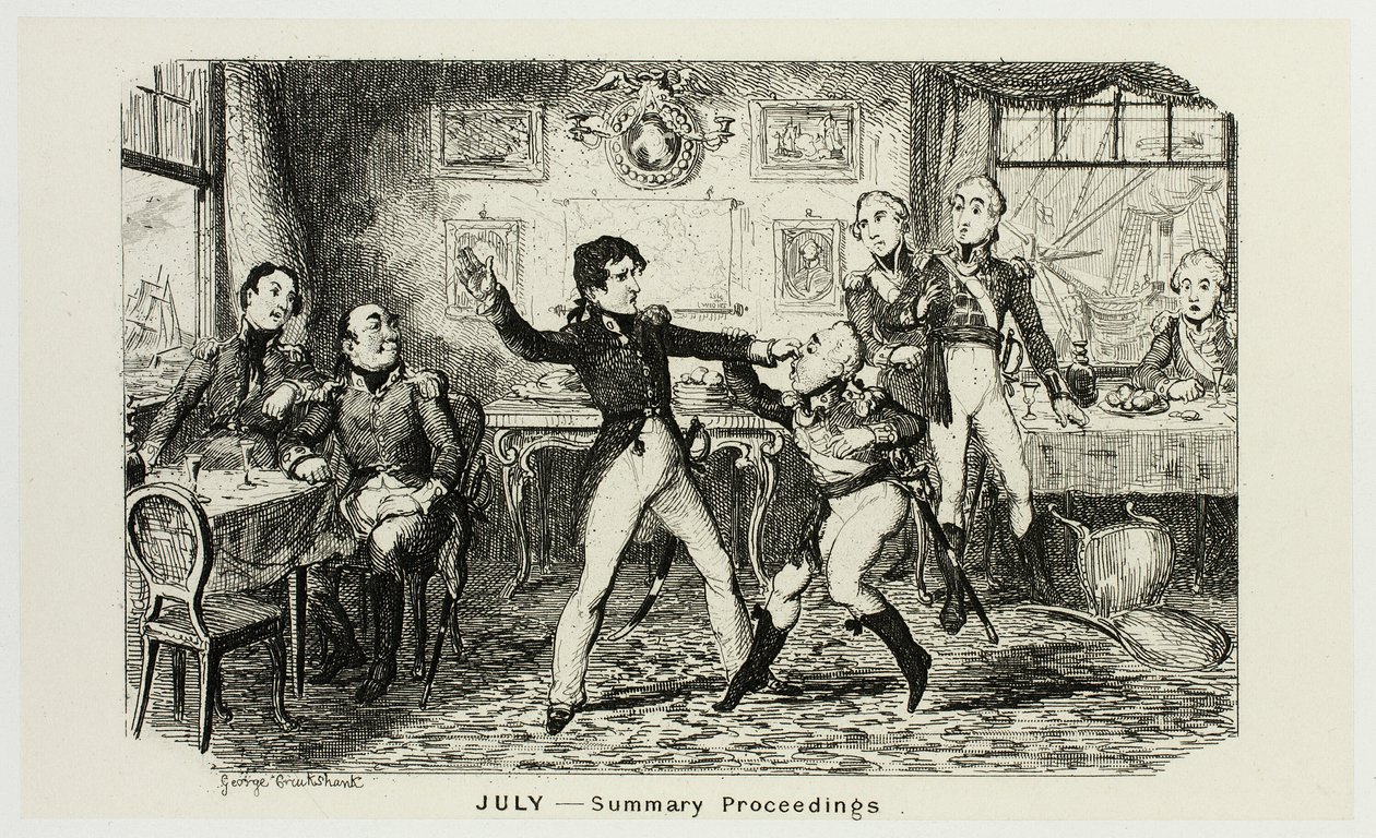 Juli - Zusammenfassung der Verfahren aus George Cruikshanks Stahlradierungen zu The Comic Almanacks: 1835-1853 von George Cruikshank