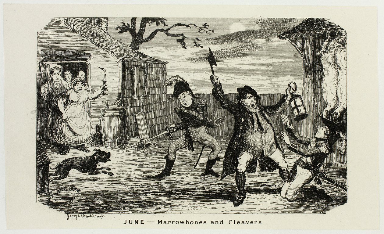 Juni - Knochen und Spalter aus George Cruikshanks Stahlradierungen für The Comic Almanacks: 1835-1853 von George Cruikshank