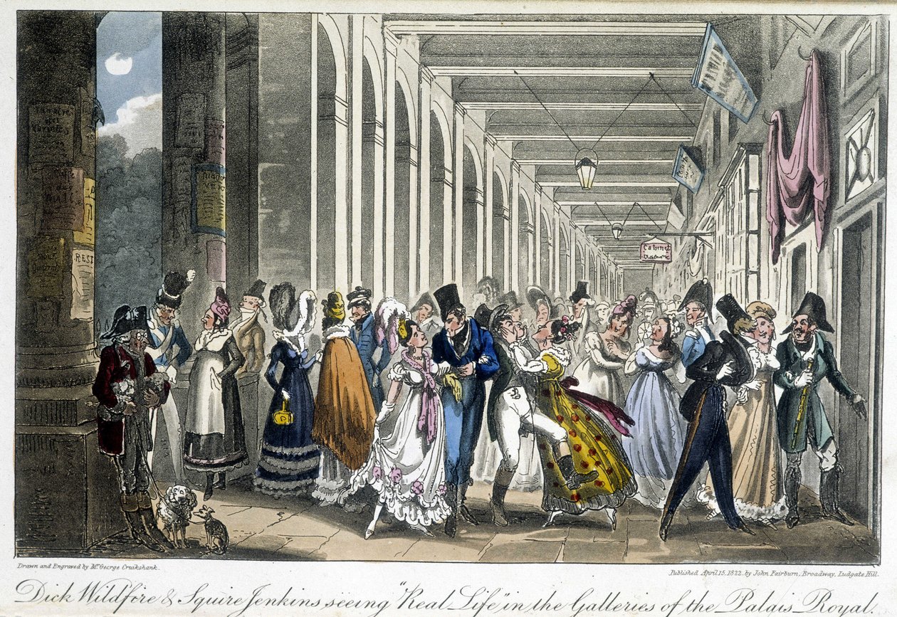 Die Galerien des Palais Royal - in „Life in Paris“ von David Carey, London von George Cruikshank
