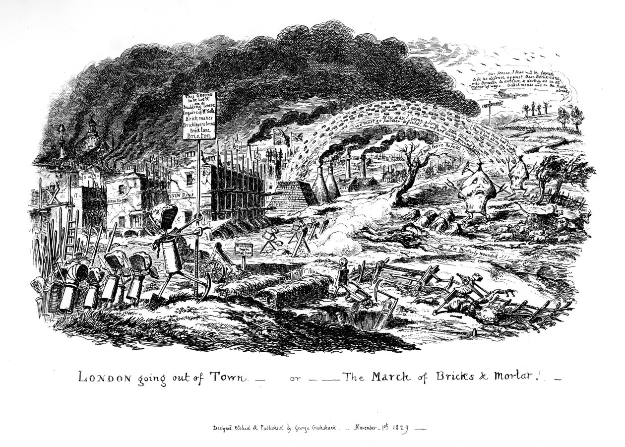 London verlässt die Stadt - oder Der Marsch der Ziegel und Mörtel, 1829 von George Cruikshank