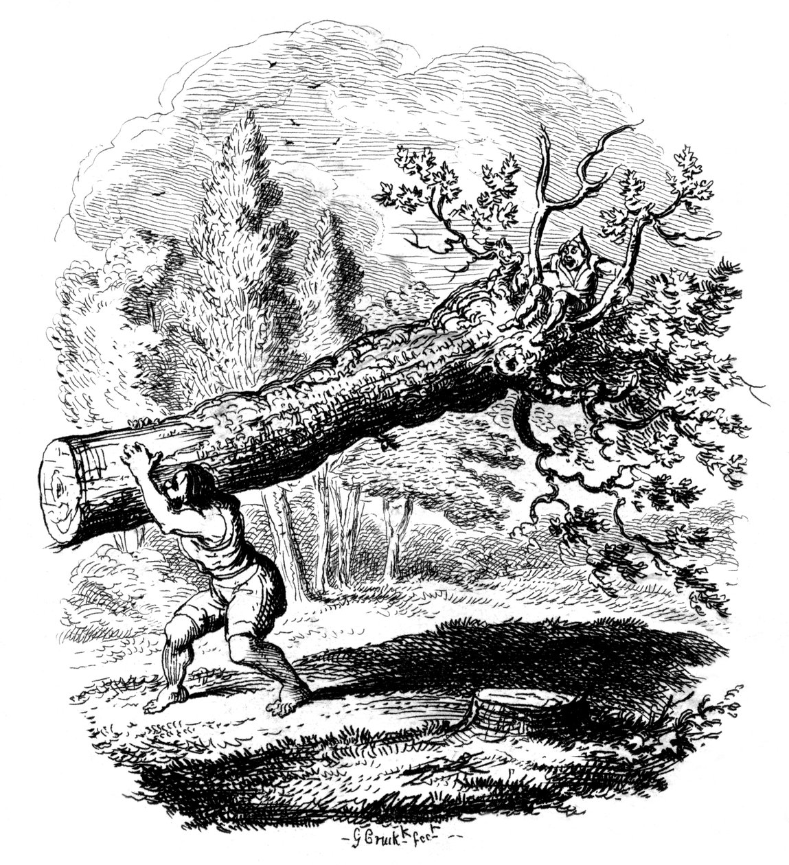 Mann trägt einen großen Baumstamm auf seiner Schulter, 19. Jahrhundert von George Cruikshank