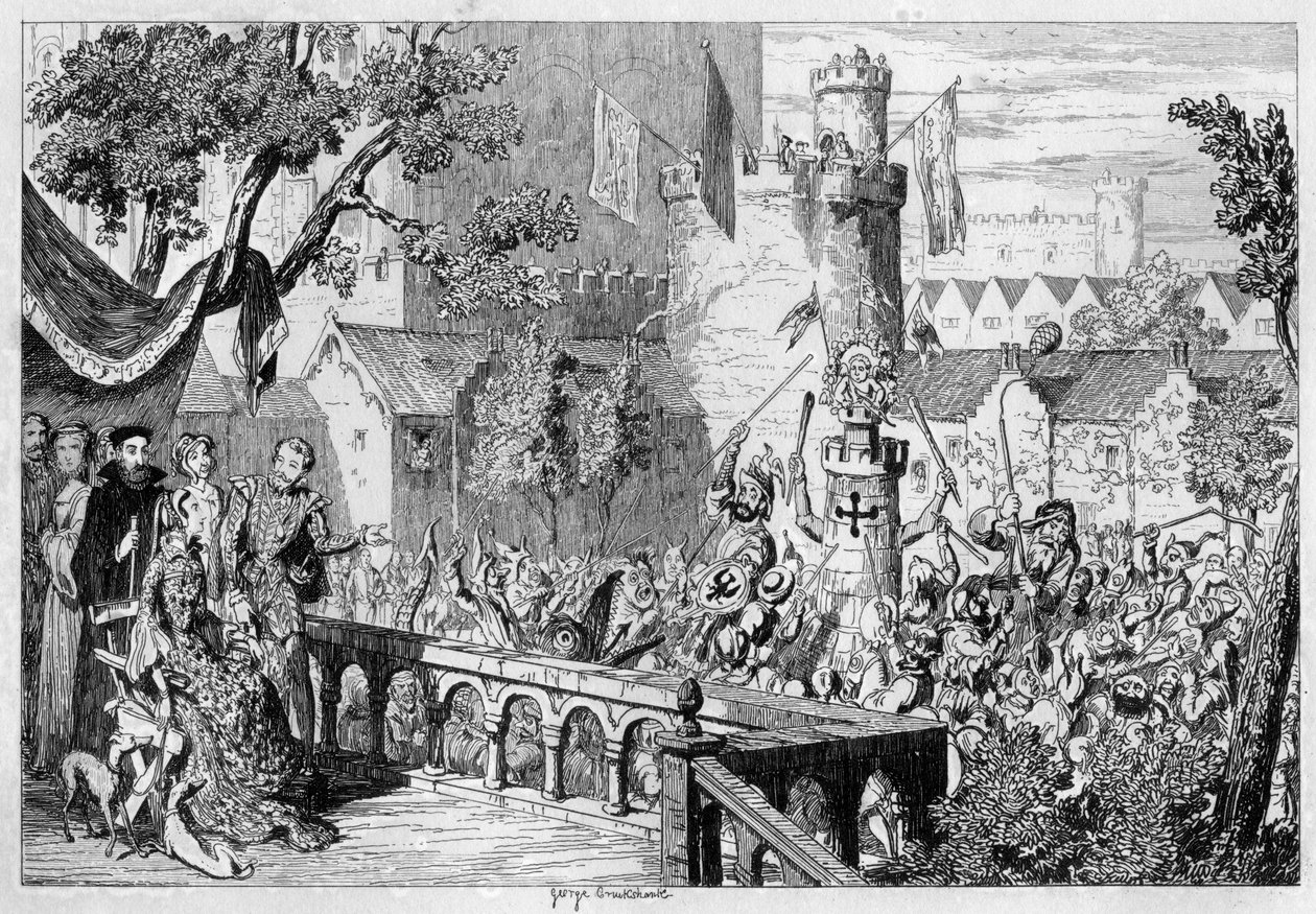 Maskerade im Palastgarten des Tower of London, 1840 von George Cruikshank