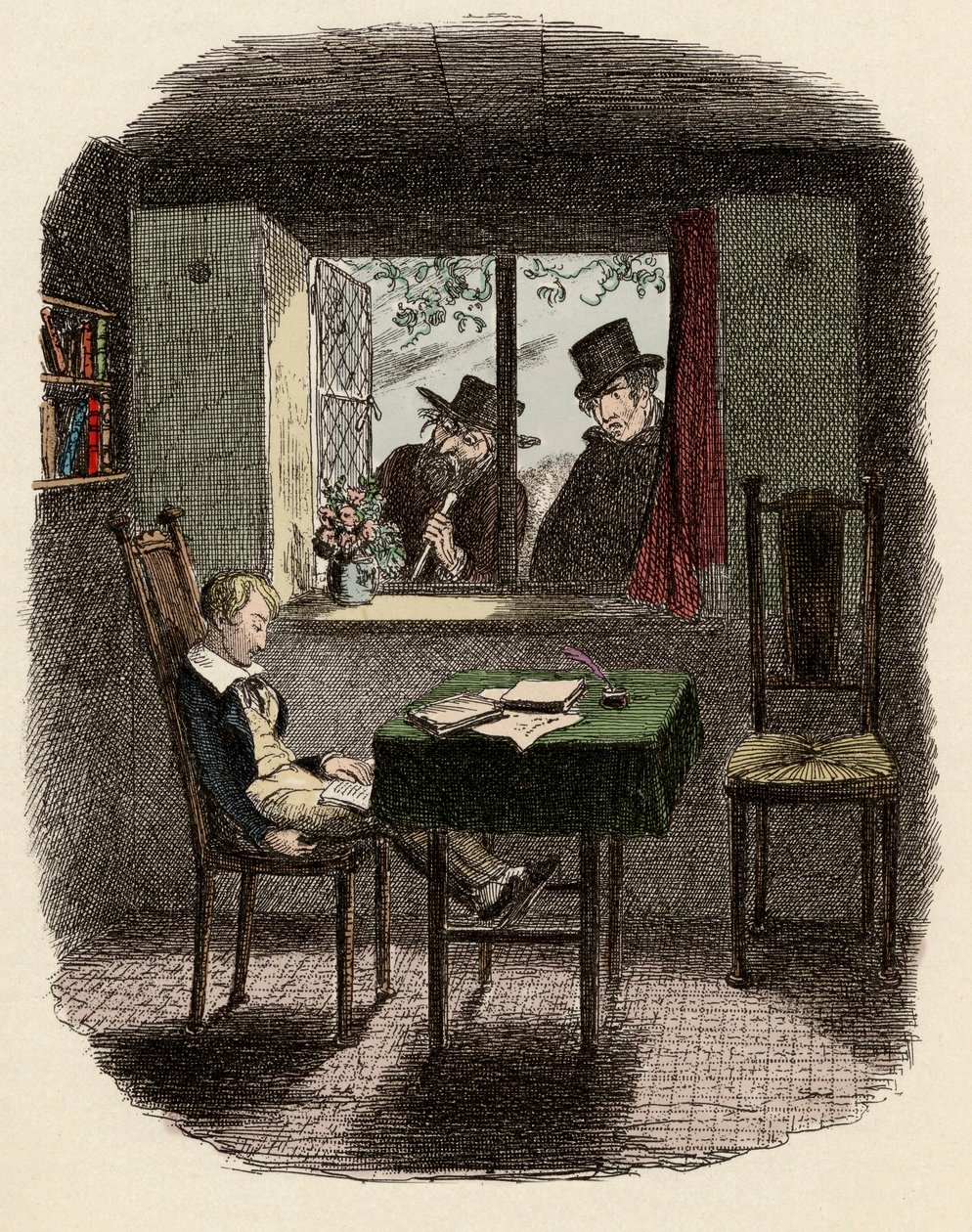 Monks und Fagin beobachten Oliver, der in der Maylie-Bibliothek schläft - Illustration für „Oliver Twist“ von Charles Dickens, von George Cruikshank von George Cruikshank