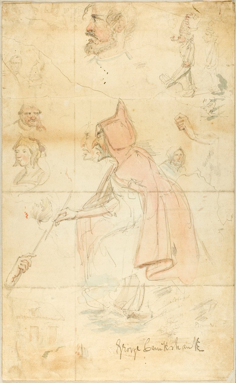 Mutter Shipton (recto); Blatt mit Skizzen: Fleur-de-Lis und Figuren (verso) von George Cruikshank
