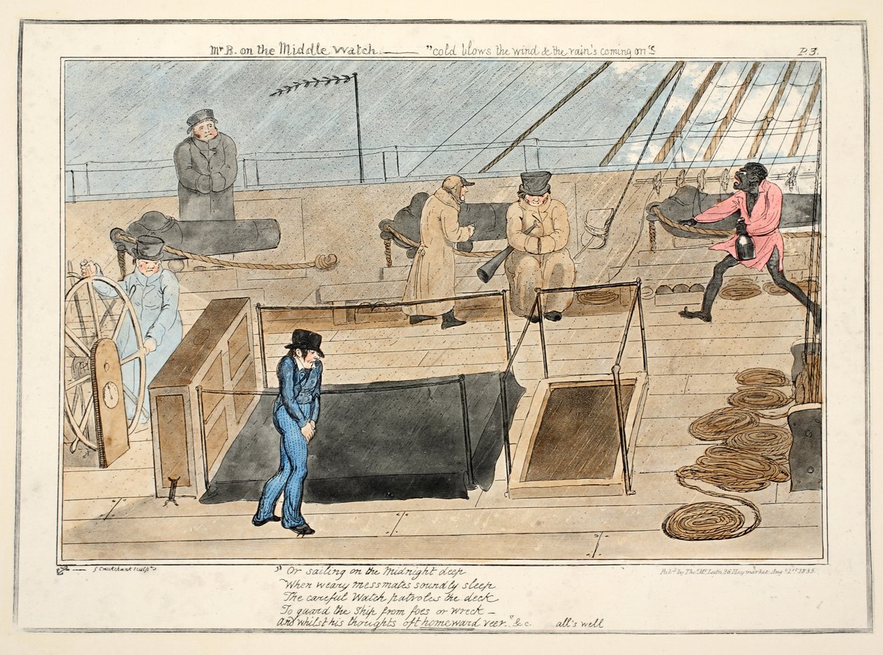 Mr. B auf der Mittelwache - kalt weht der Wind und der Regen setzt ein, aus Der Fortschritt eines Seekadetten, veröffentlicht 1835 von George Cruikshank