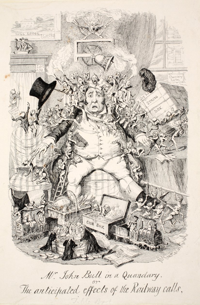Mr. John Bull in einer Zwickmühle oder die erwarteten Auswirkungen der Eisenbahnanrufe von George Cruikshank