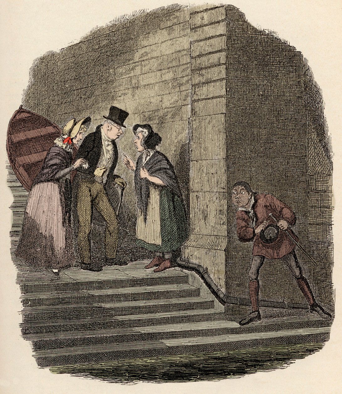 Noe Claypole spioniert das geheime Treffen zwischen Mr. Brownlow, Rose Maylie und Nancy aus - Illustration für „Oliver Twist“ von Charles Dickens, von George Cruikshank von George Cruikshank