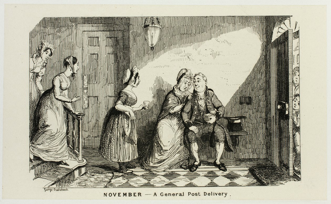November - Eine allgemeine Postzustellung im Gegensatz zu George Cruikshanks Stahlradierungen für Die Comic Almanacks: 1835-1853 von George Cruikshank