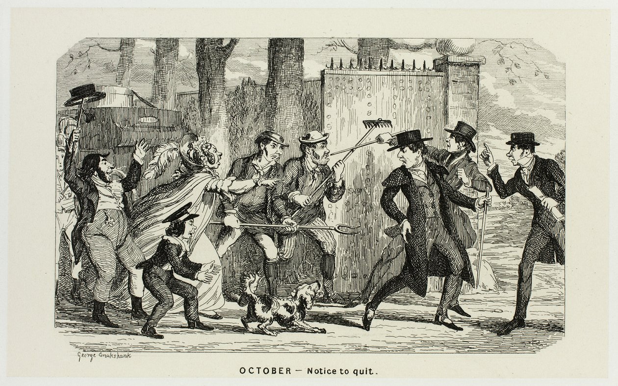 Oktober - Kündigung aus George Cruikshanks Stahlradierungen zu The Comic Almanacks: 1835-1853 von George Cruikshank