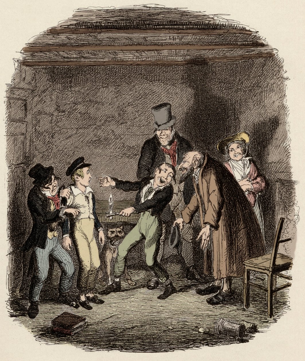 Oliver Twist wird von alten Fagin und seiner Bande empfangen - Oliver wird von Fagin und den Jungen empfangen - Illustration für „Oliver Twist“ (Die Abenteuer von Oliver Twist) von Charles Dickens (1812-1870), von George Cruikshank (1792-1878). von George Cruikshank