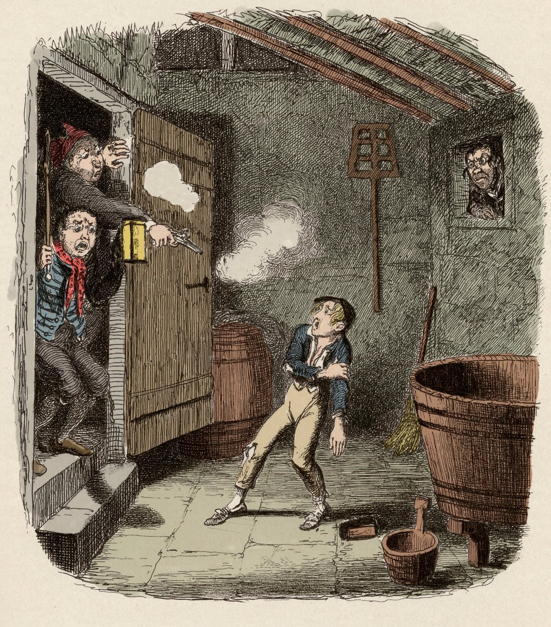 Oliver überrascht und verwundet beim Einbruchsversuch - Der Einbruch - Illustration für „Oliver Twist“ (Olivier) (Die Abenteuer von Oliver Twist) von Charles Dickens (1812-1870), von George Cruikshank (1792-1878) von George Cruikshank