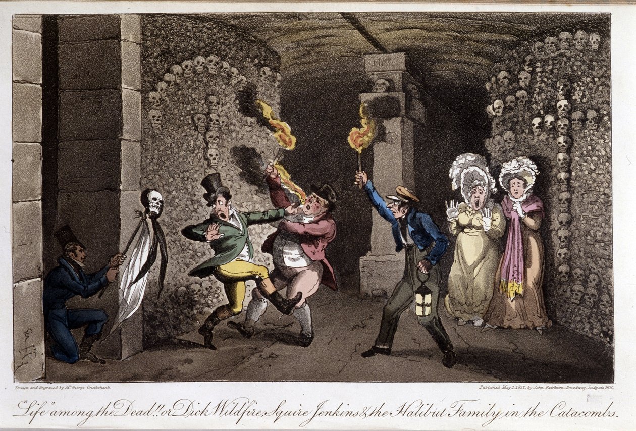 Spaziergang in den Katakomben (in „Leben in Paris“ von David Carey, illustriert von Georges Cruikshank, herausgegeben von Faiburn, London) von George Cruikshank