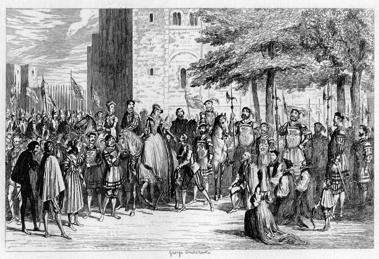 Königin Maria empfängt die Gefangenen auf dem Tower Green, 1553, 1840 von George Cruikshank