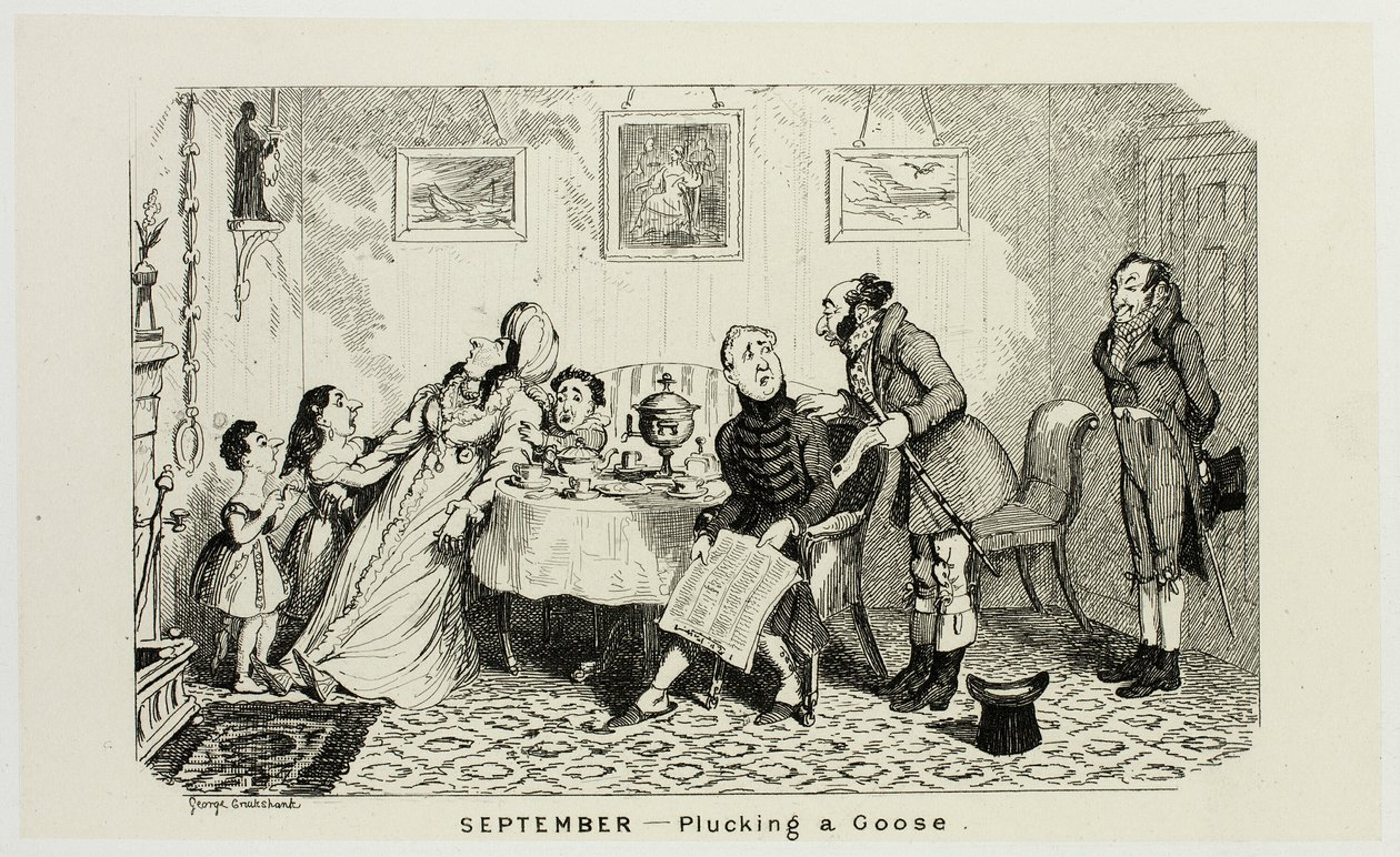 September - Eine Gans rupfen aus George Cruikshanks Stahlradierungen für The Comic Almanacks: 1835-1853 von George Cruikshank