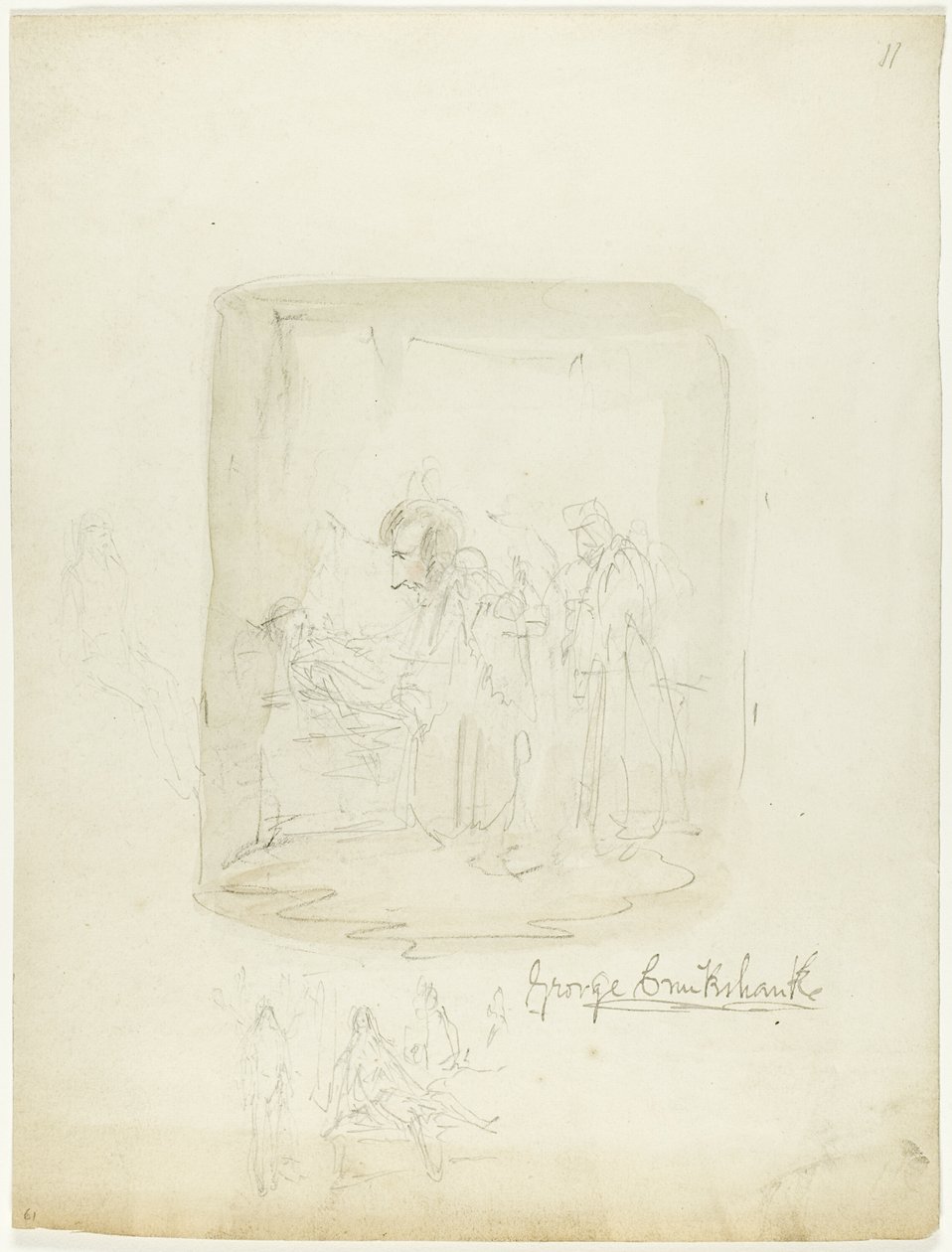Blatt mit Skizzen und Selbstporträt von George Cruikshank