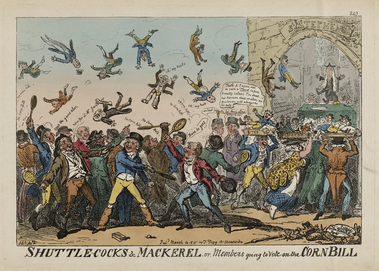 Federbälle und Makrelen, oder Mitglieder, die zur Abstimmung über das Korngesetz gehen, 14. März von George Cruikshank