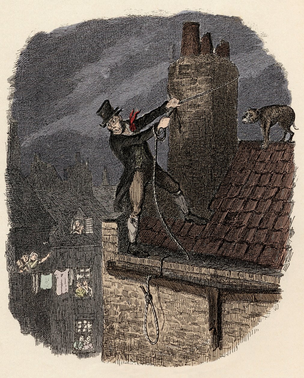 Sikes, gefolgt von seinem Hund, versucht zu entkommen - Illustration für „Oliver Twist“ von Charles Dickens (1812-1870) von George Cruikshank