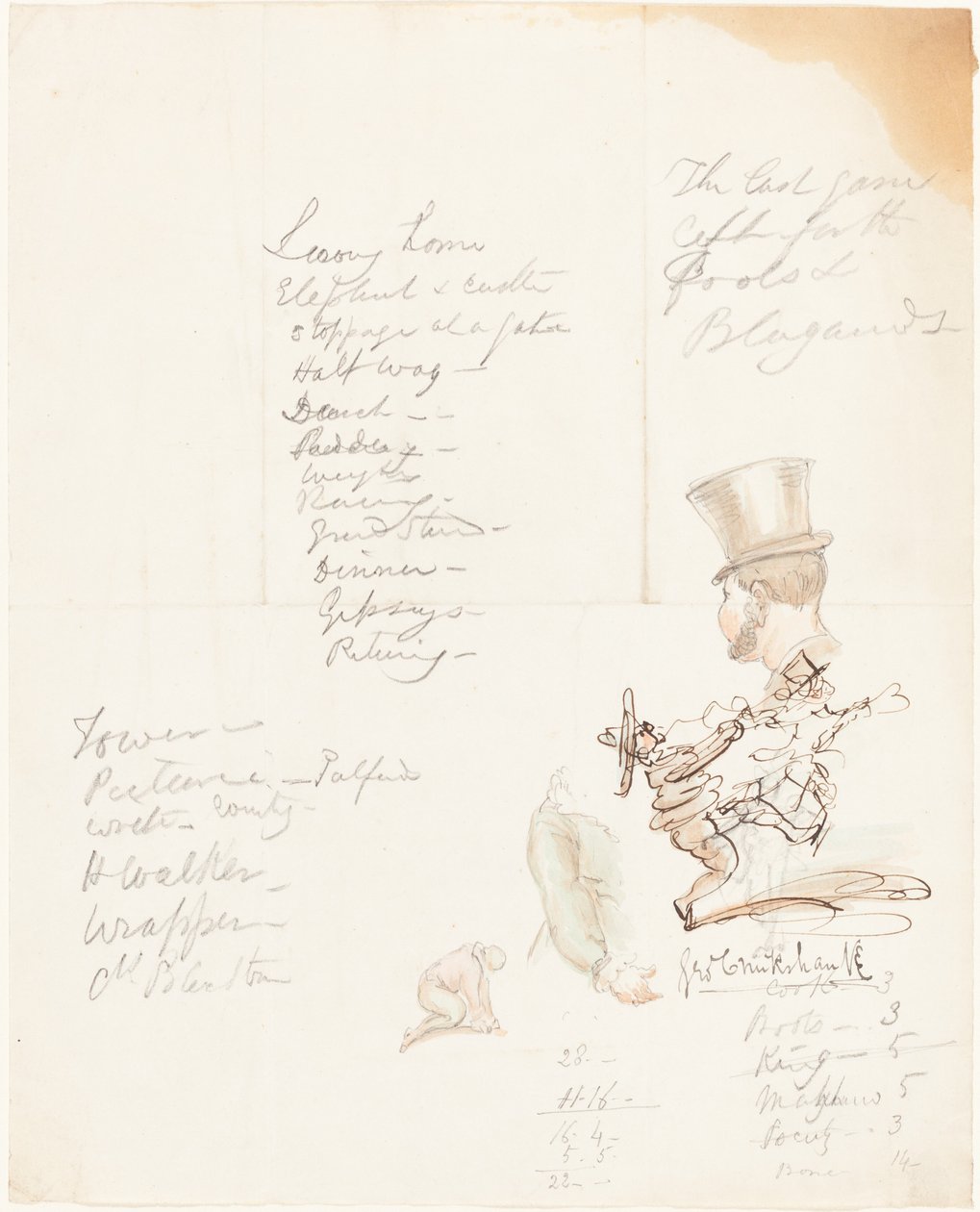 Skizzen von Kopf, Arm und kniender Figur von George Cruikshank