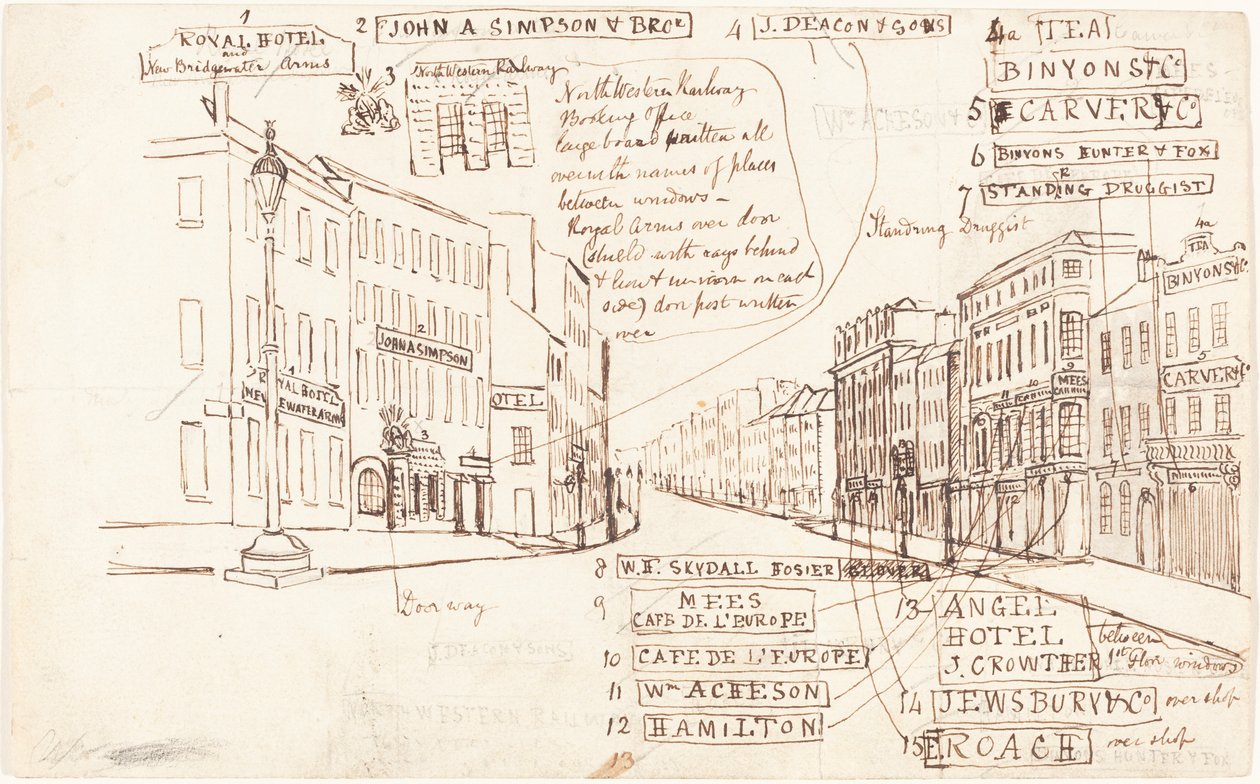 Straßenperspektive mit beschrifteten Geschäftshäusern von George Cruikshank