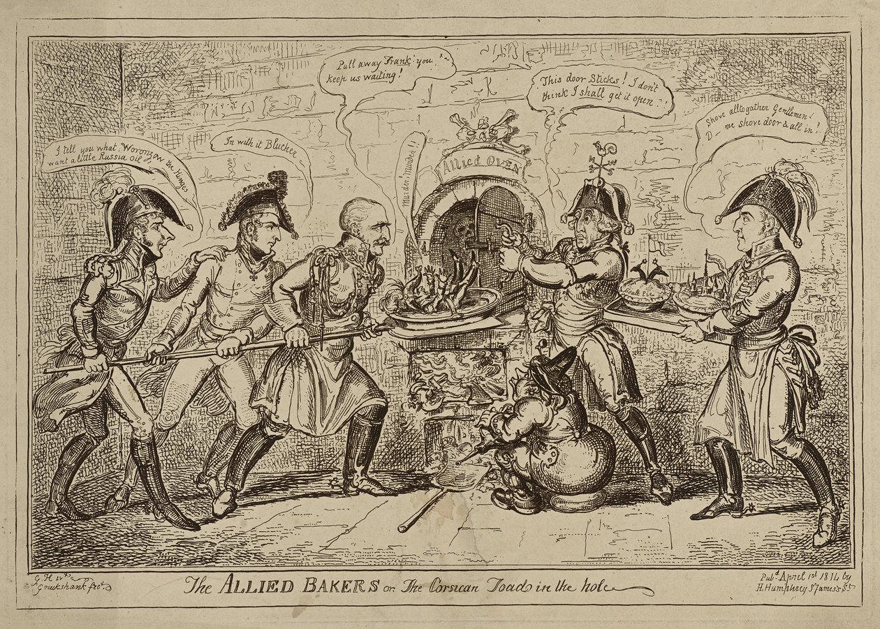 Die Alliierten Bäcker oder Die korsische Kröte im Loch, veröffentlicht am 1. April von George Cruikshank