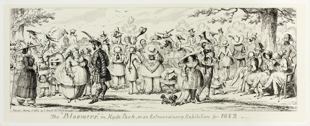 Die "Bloomers" im Hyde Park oder eine außergewöhnliche Ausstellung für 1852 aus George Cruikshanks Stahlradierungen zu The Comic Almanacks: 1835-1853 von George Cruikshank