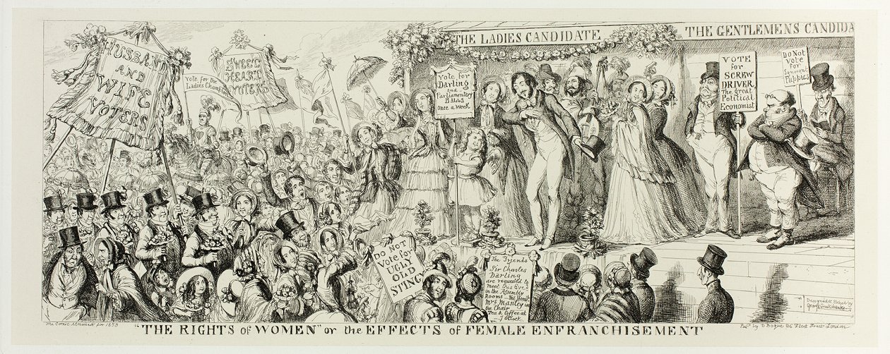 "Die Rechte der Frauen" oder die Auswirkungen der weiblichen Wahlberechtigung aus George Cruikshanks Stahlradierungen zu The Comic Almanacks: 1835-1853 von George Cruikshank
