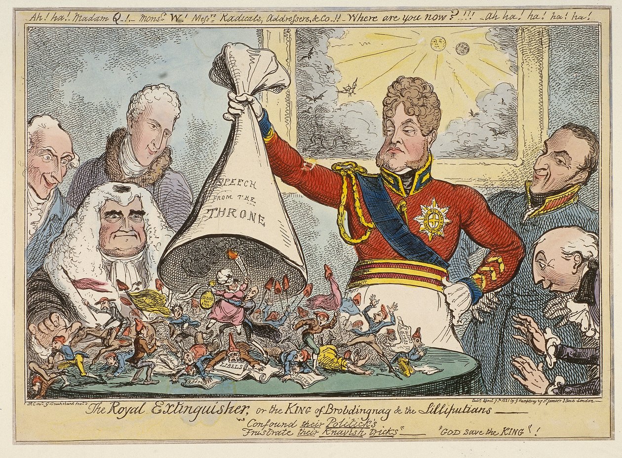 Der königliche Löscher oder der König von Brobdingnag & die Lilliputaner, 1821 von George Cruikshank