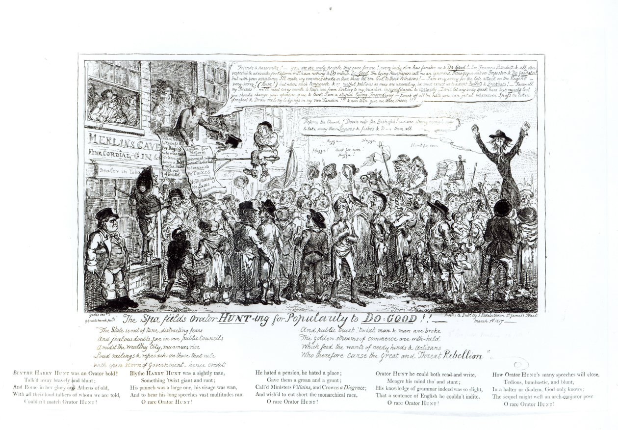 Der Spa Fields Redner auf der Jagd nach Popularität, um Gutes zu tun!!, veröffentlicht von J. Sidebotham, 1817 von George Cruikshank
